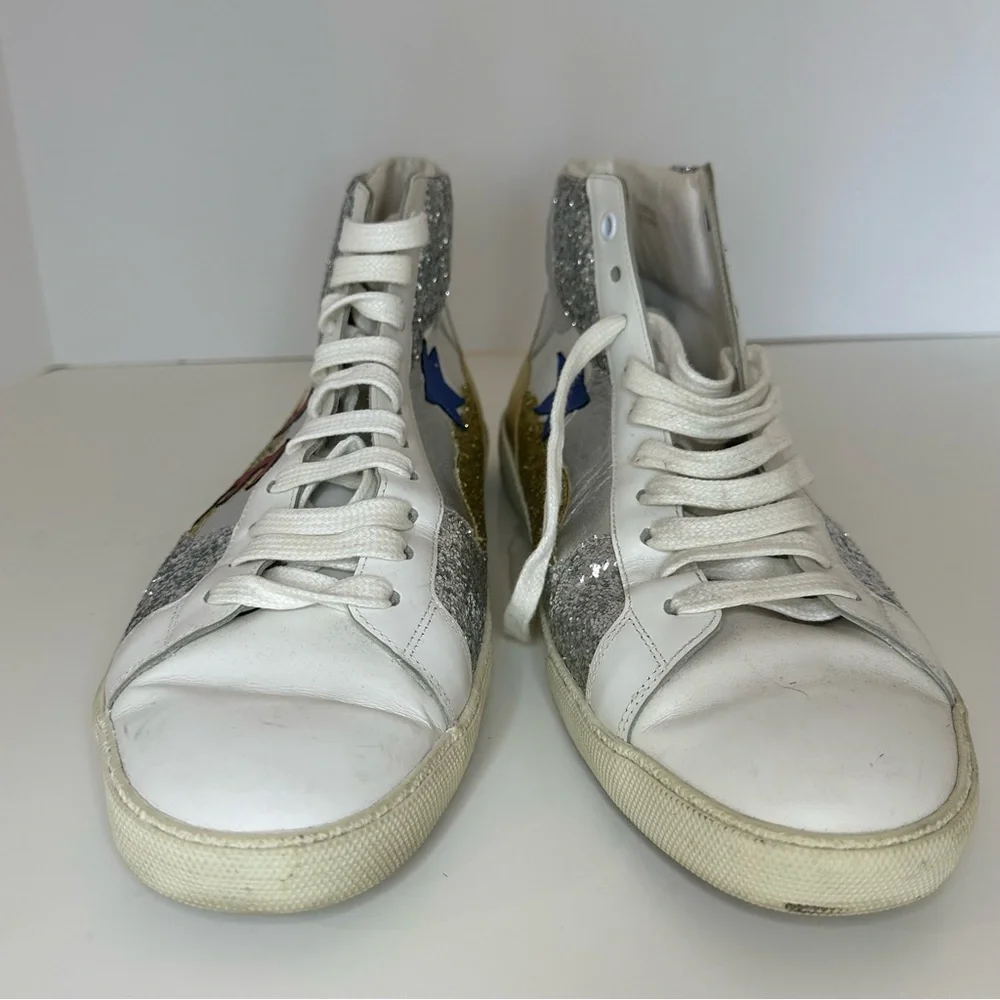YSL Mid top sneaker with appliqué “Love” “Stars” and glitter panels 43.5 - Picture 6 of 12